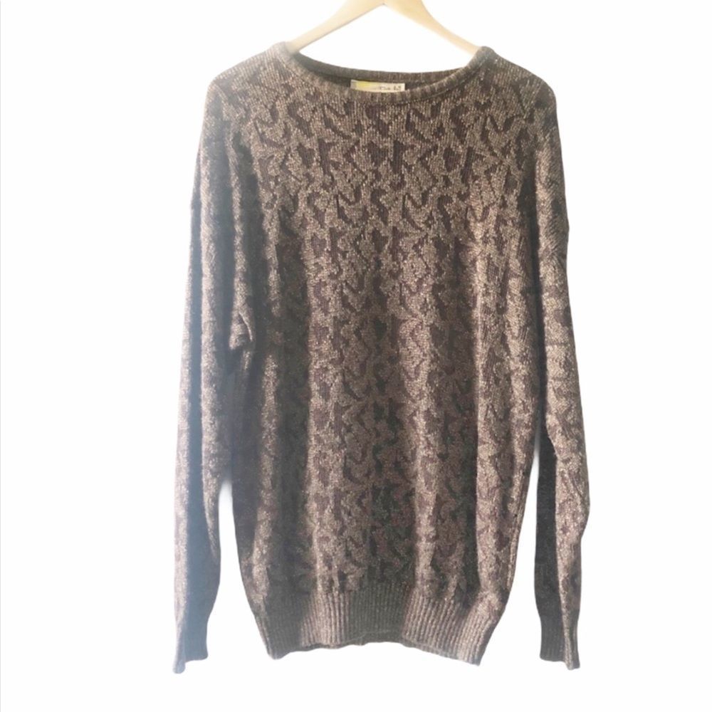 DIANE VON FURSTENBERG Brown Floral Metallic Print Pullover Sweater 20W Plus Size